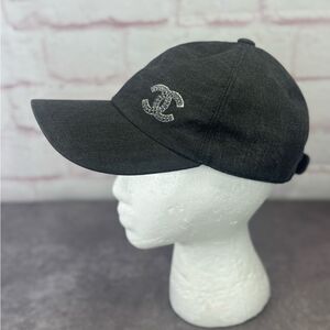 Chanel 22P Black Denim Sequin CC White Logo Baseball Cap Curved Peak Hat